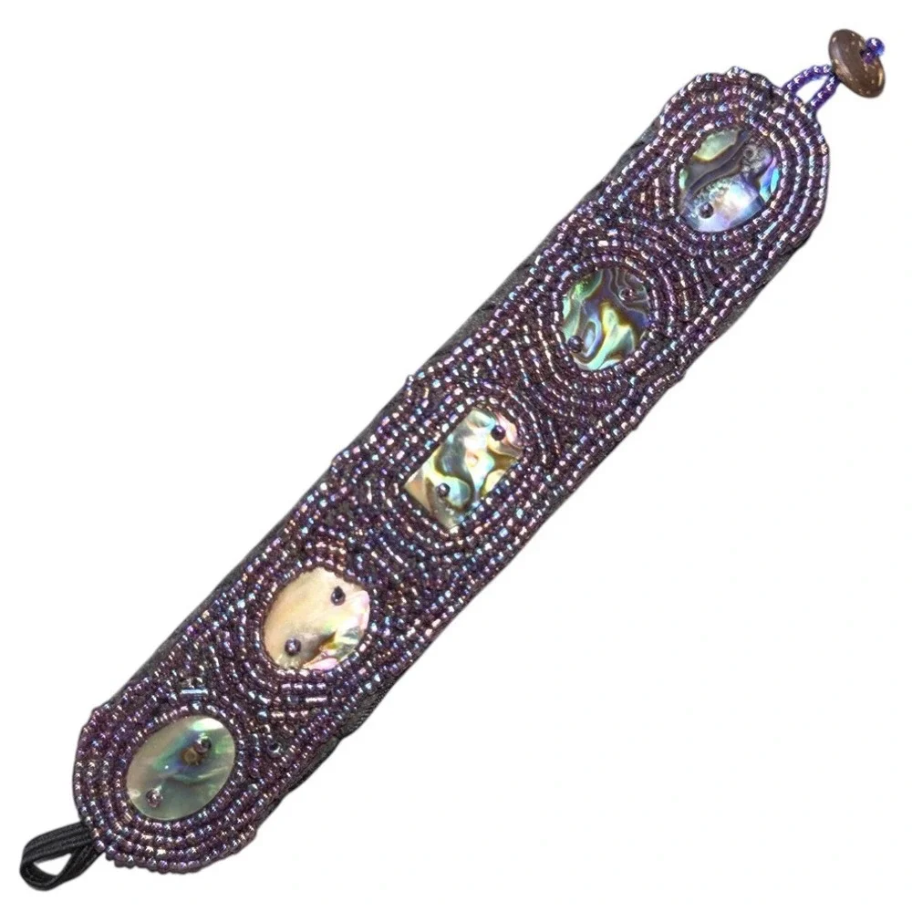Artisan Bead Embroidered Cuff Bracelet Purple Iridescent Abalone Shell